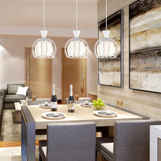 Metal Dome Cage Pendant With Milk Glass Shade - Retro Style 3-Bulb Hanging Light Indoor Black/White