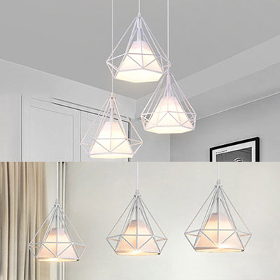 Modern White Metal And Fabric Diamond Cage Pendant Light With 3 Lights - Hanging Lamp