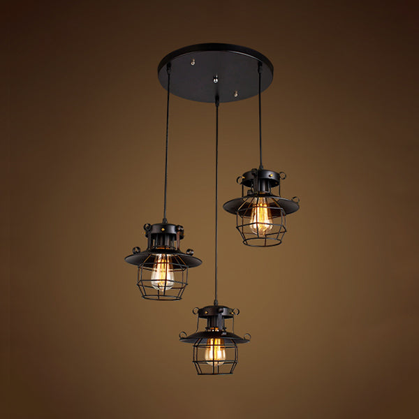 Vintage Industrial Black Metal Pendant Light With Dome Cage Shade And 3 Hanging Lights / Round