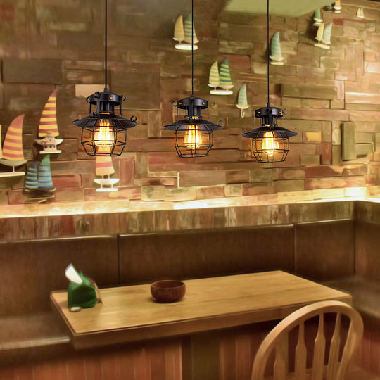 Vintage Industrial Black Metal Pendant Light With Dome Cage Shade And 3 Hanging Lights