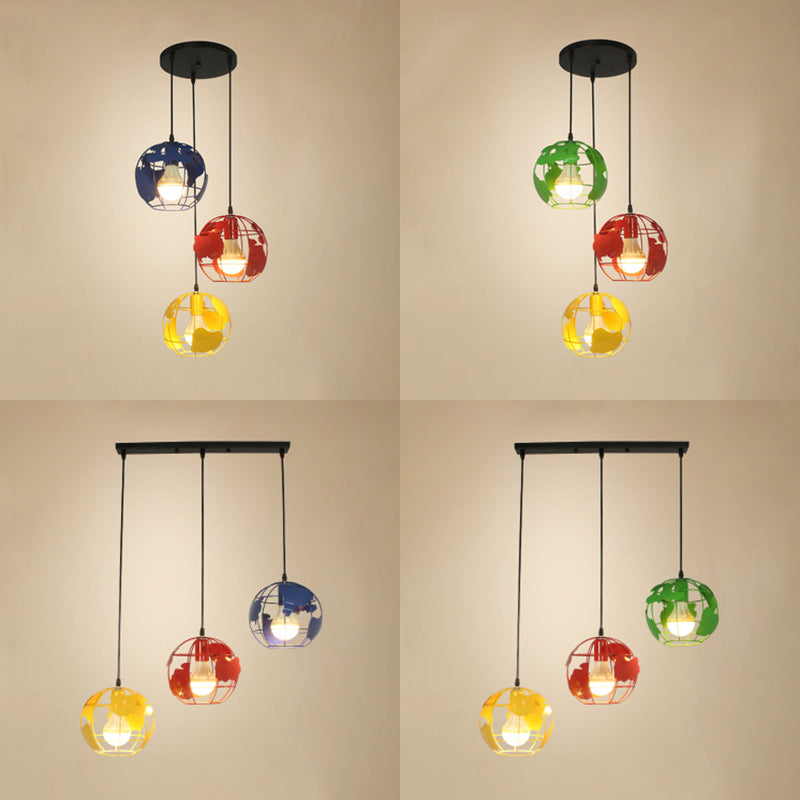 Industrial Tellurion Cage Pendant Light With 3 Lights Metal Suspension In White/Blue