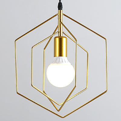 Retro Loft 3-Light Gold Hanging Pendant Light With Hexagon Metal Frame