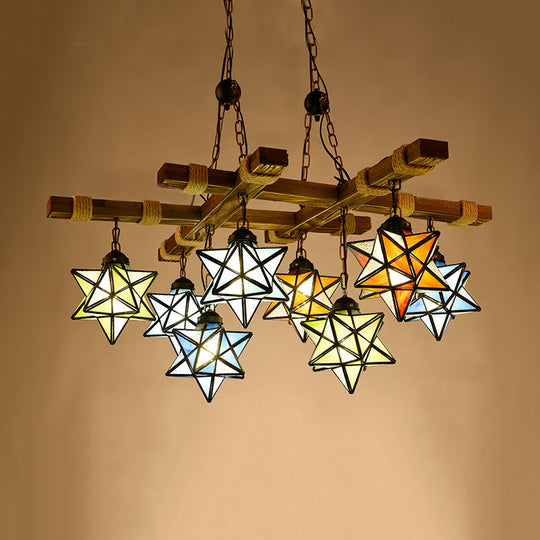 Rustic Stained Glass Loft Star Pendant Chandelier - 6/8 Lights Ideal For Restaurants