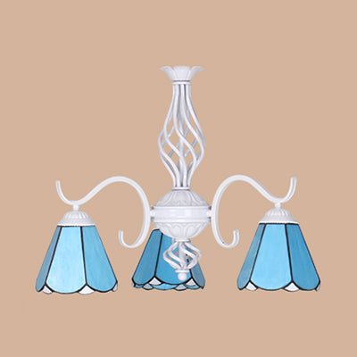 Conical Chandelier With Metal Chain & 3 Lights - Tiffany Stained Glass Foyer Lighting (White/Blue)