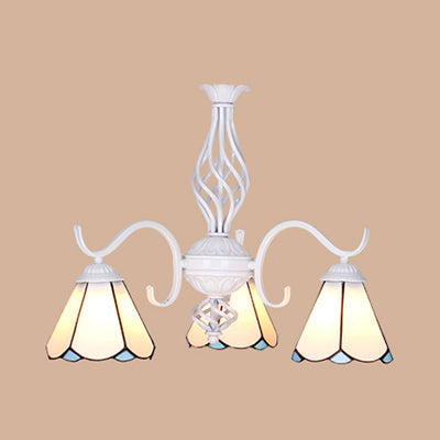 Conical Chandelier With Metal Chain & 3 Lights - Tiffany Stained Glass Foyer Lighting (White/Blue)