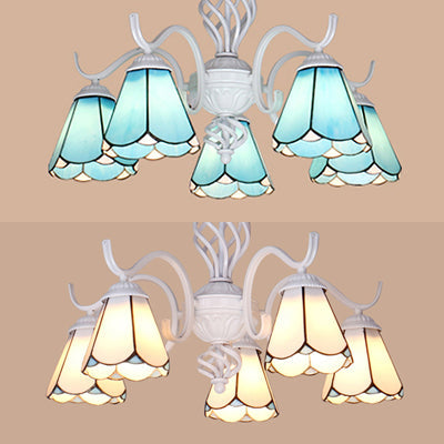 Tiffany Conical Shade Pendant Light With 5 Stained Glass Lights In White/Blue For Living Room