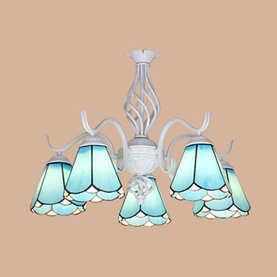 Tiffany Conical Shade Pendant Light With 5 Stained Glass Lights In White/Blue For Living Room Blue