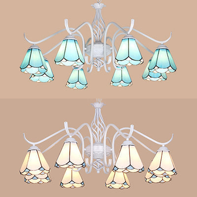 Blue/White Tiffany Indoor Pendant Light: Multi Light Cone Chandelier With Metal Chain - Ideal For