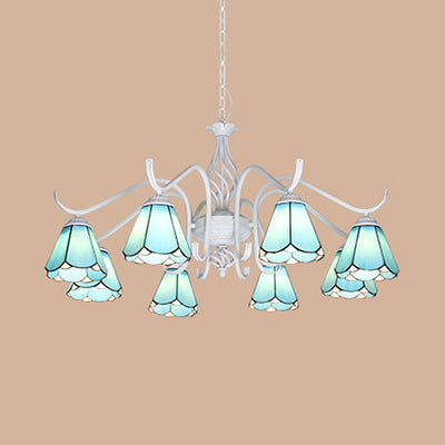 Blue/White Tiffany Indoor Pendant Light: Multi Light Cone Chandelier With Metal Chain - Ideal For