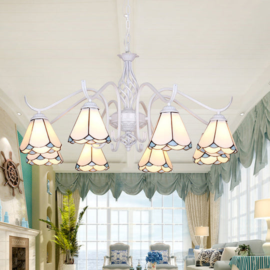 Blue/White Multi-Light Cone Chandelier: Metal Chain Glass Tiffany Pendant Light For Living Room
