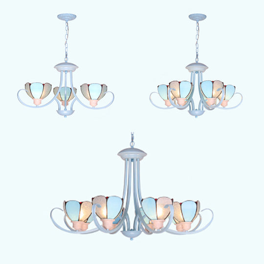 Stained Glass Petal Chandelier With Hanging Chain - Blue 3/6/8 Lights Modern Ceiling Light For Hall