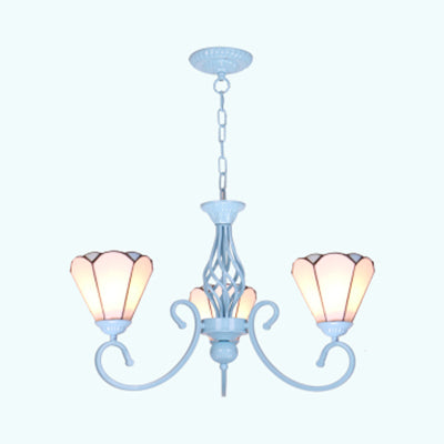 Blue/White Conical Hanging Chandelier - Metal Chain Tiffany 3-Light Stained Glass Drop Ceiling