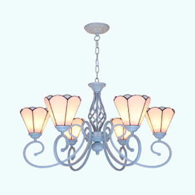 Tiffany Stained Glass Chandelier - Conical Design Metal Chain & Curved Arms 5/6 Lights White Pendant