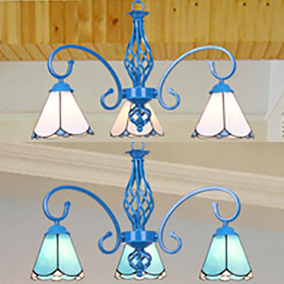 Blue Tiffany Chandelier - Curved Arms With Stained Glass Cone Shades 3 Lights Perfect For Foyer In