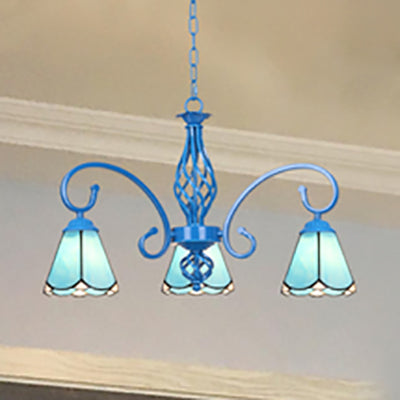 Blue Tiffany Chandelier - Curved Arms With Stained Glass Cone Shades 3 Lights Perfect For Foyer In