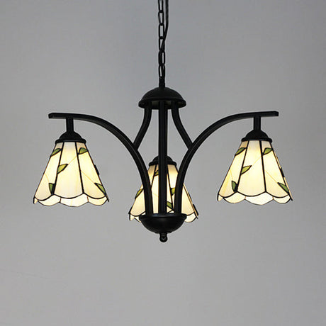 Rustic Blue/Green Leaf Design Hanging Light - 3-Light Chandelier With 16 Metal Chain Black Finish
