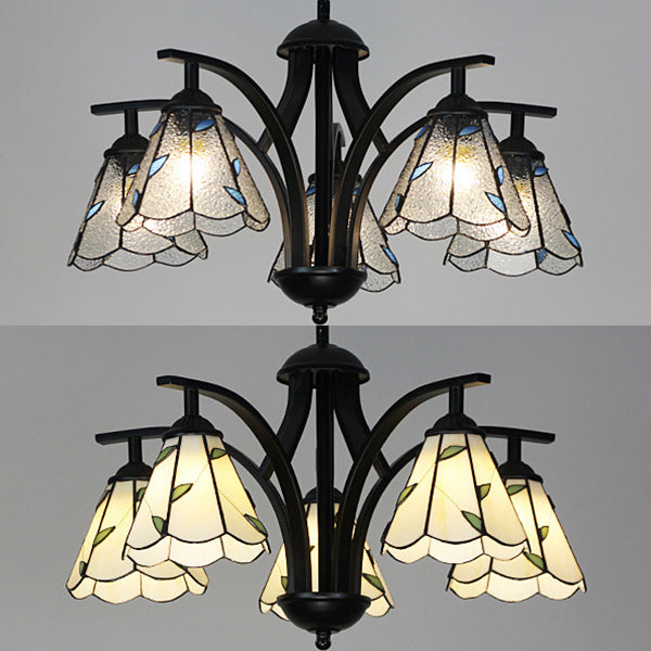 Adjustable Blue/Green Stained Glass Pendant Light: 5-Light Leaf Chandelier With 16 Metal Chain