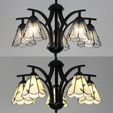 Adjustable Blue/Green Stained Glass Pendant Light: 5-Light Leaf Chandelier With 16 Metal Chain