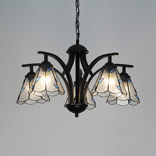 Adjustable Blue/Green Stained Glass Pendant Light: 5-Light Leaf Chandelier With 16 Metal Chain Blue