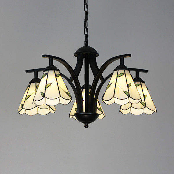 Stained Glass Leaf Chandelier With Adjustable Chain And Blue/Green Pendant Green