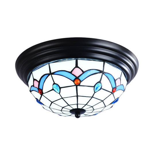 11’/15’ Tiffany Cut Glass Flush Ceiling Light - 3-Light Mount Fixture In White Ideal For Corridors
