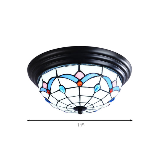 11’/15’ Tiffany Cut Glass Flush Ceiling Light - 3-Light Mount Fixture In White Ideal For Corridors
