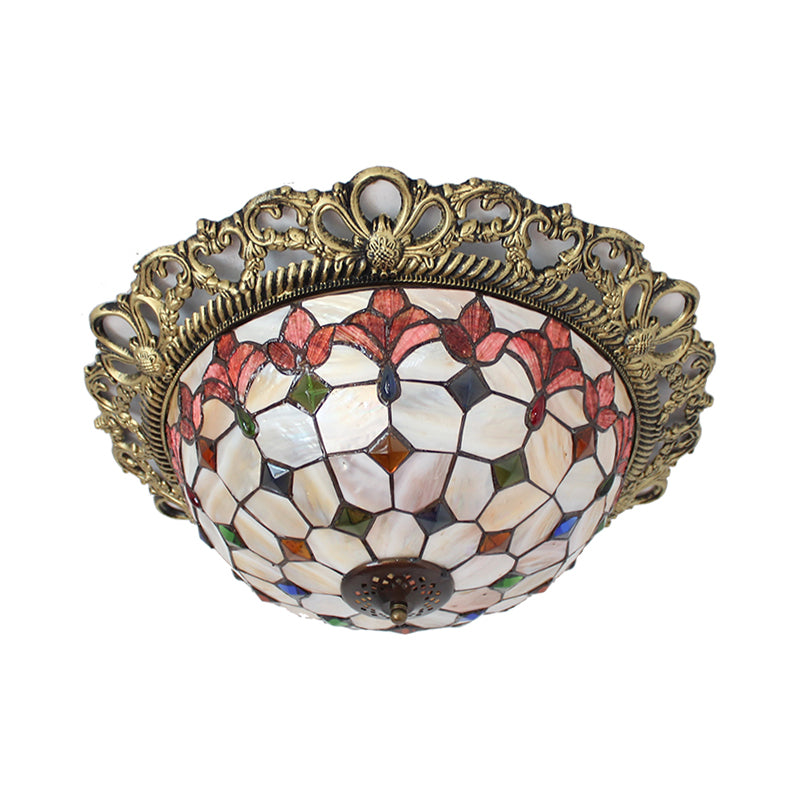 Mediterranean Shell Beaded Flush Light - Brass Flushmount With 3 Lights For Bedroom