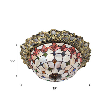 Mediterranean Shell Beaded Flush Light - Brass Flushmount With 3 Lights For Bedroom
