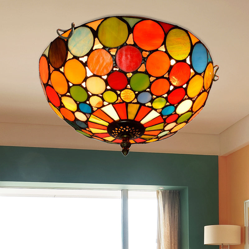 Tiffany Style Red Flushmount Bedroom Light Fixture - 2/3 Lights Dome Stained Glass Shade 12/16 Wide