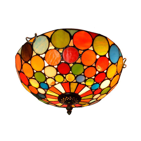 Tiffany Style Red Flushmount Bedroom Light Fixture - 2/3 Lights Dome Stained Glass Shade