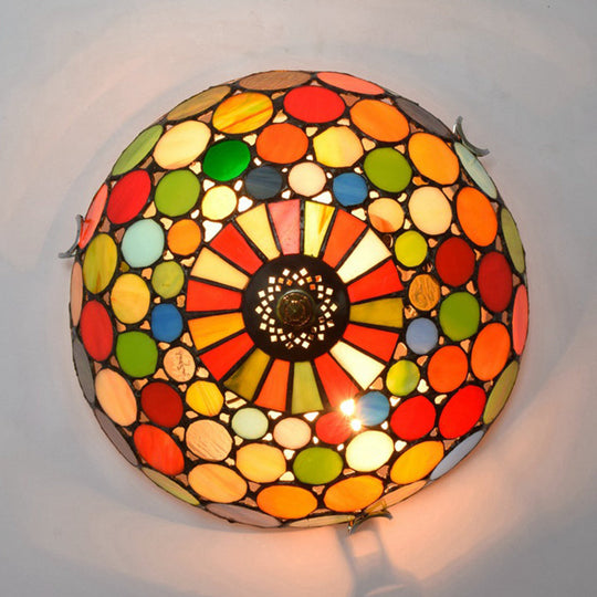 Tiffany Style Red Flushmount Bedroom Light Fixture - 2/3 Lights Dome Stained Glass Shade 12/16 Wide
