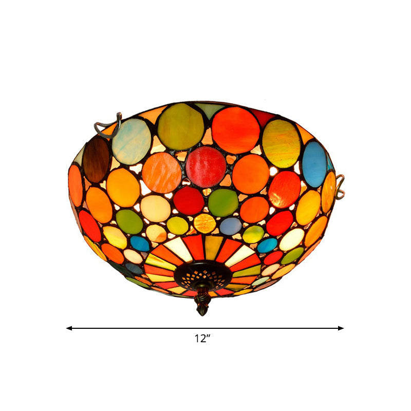 Tiffany Style Red Flushmount Bedroom Light Fixture - 2/3 Lights Dome Stained Glass Shade 12/16 Wide