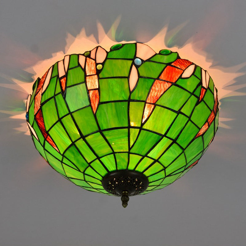 Baroque Cut Glass Domed Flush Mount Lighting Fixture With 3 Green Lights For Corridor