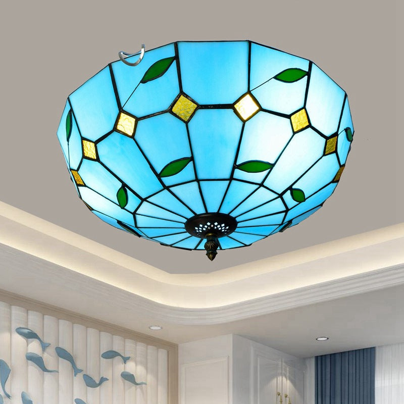 Blue Leaf Flush Ceiling Light Tiffany Stained Glass Lamp - 12/16 Wide 2/3 Lights / 12