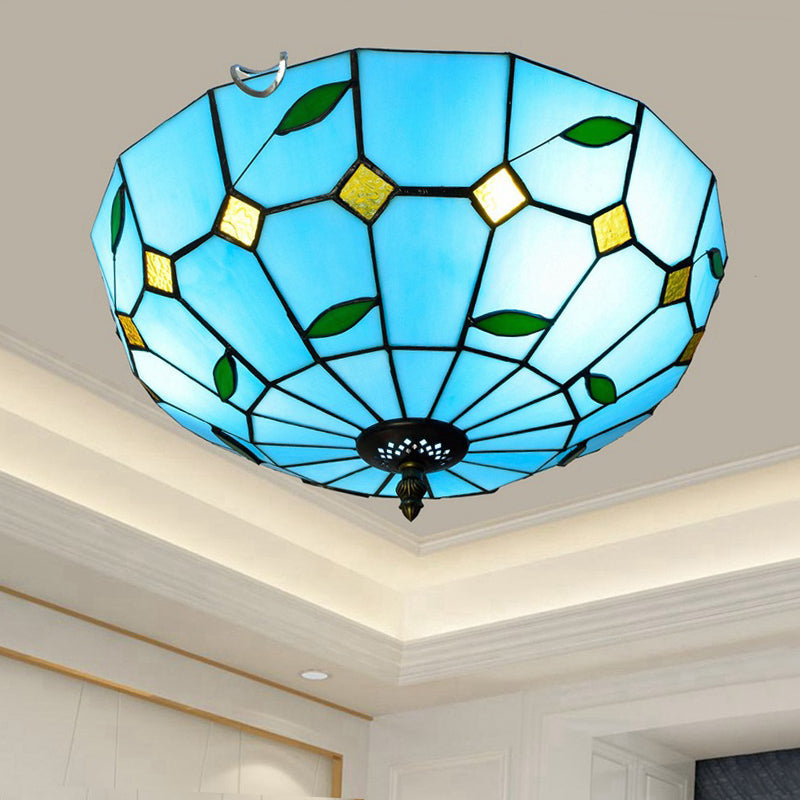 Blue Leaf Flush Ceiling Light Tiffany Stained Glass Lamp - 12’/16’ Wide 2/3 Lights