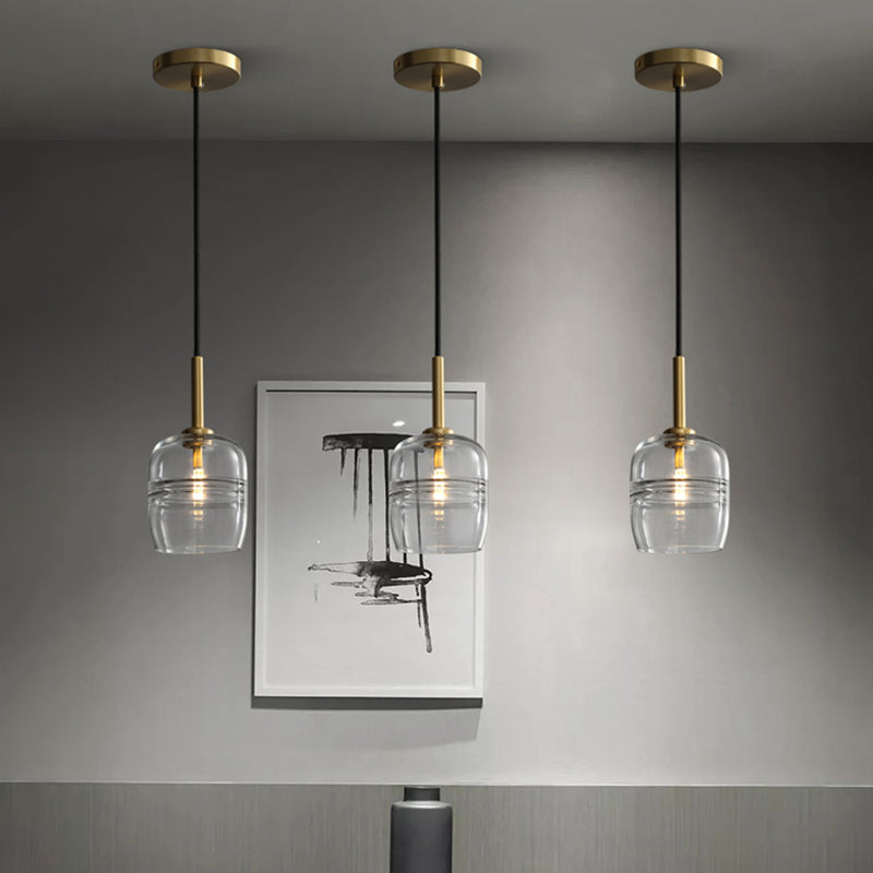 Minimalist Clear Glass Hanging Lamp With Brass Accent - Led Pendant Ceiling Light For Dining Room