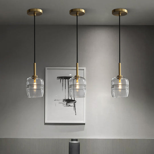 Minimalist Clear Glass Hanging Lamp With Brass Accent - Led Pendant Ceiling Light For Dining Room