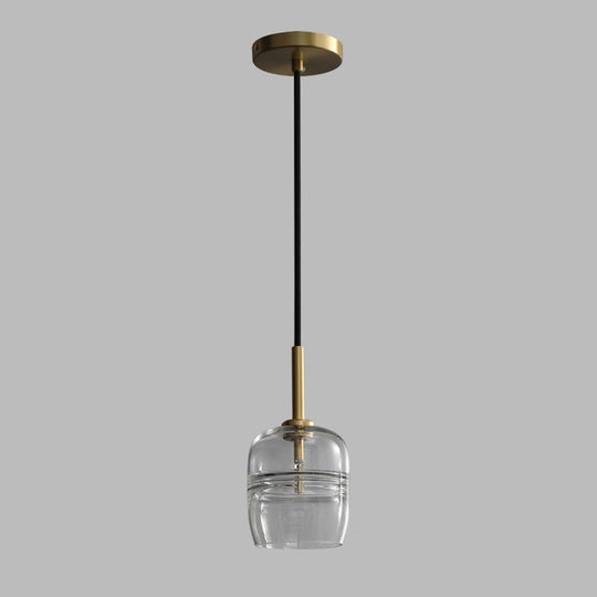 Sleek Clear Glass Jar Hanging Lamp: Minimalist 1-Bulb Brass Led Pendant Light For Dining Room