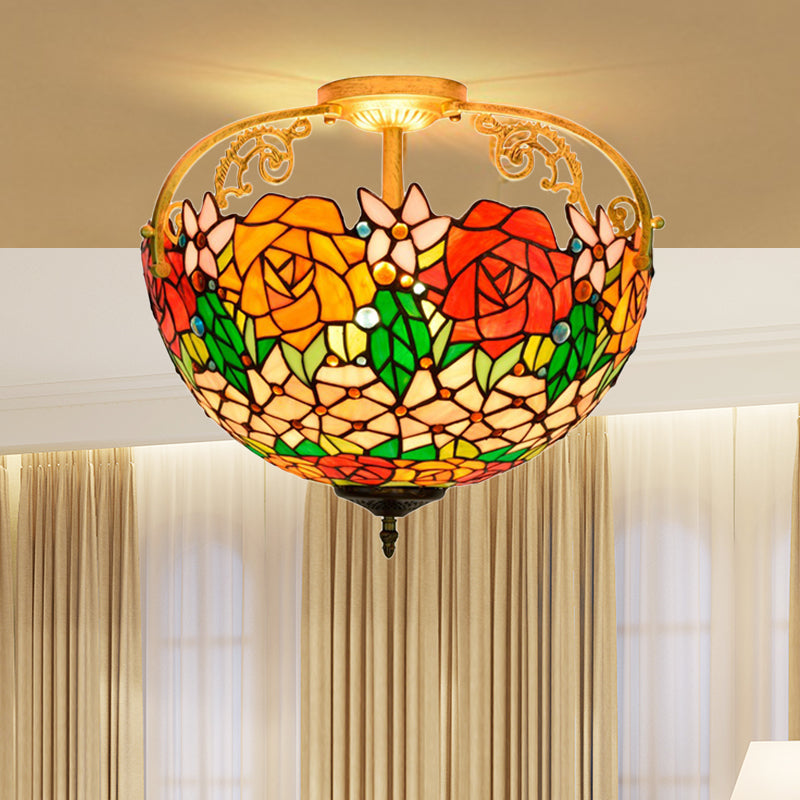 Elegant Mediterranean Cut Glass Rose Semi Flush Lighting - 3 - Light Beige/Pink/Orange Ceiling