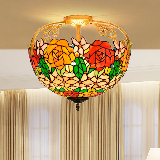 Elegant Mediterranean Cut Glass Rose Semi Flush Lighting - 3 - Light Beige/Pink/Orange Ceiling