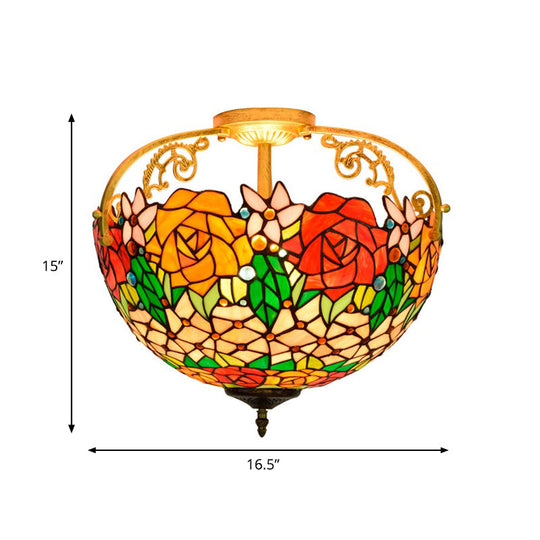 Elegant Mediterranean Cut Glass Rose Semi Flush Lighting - 3 - Light Beige/Pink/Orange Ceiling