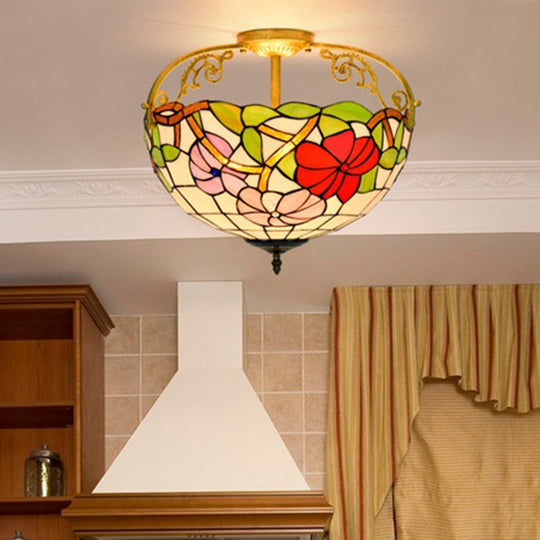 Elegant Mediterranean Cut Glass Rose Semi Flush Lighting - 3 - Light Beige/Pink/Orange Ceiling
