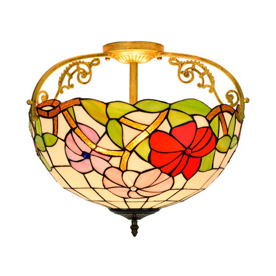 Elegant Mediterranean Cut Glass Rose Semi Flush Lighting - 3 - Light Beige/Pink/Orange Ceiling