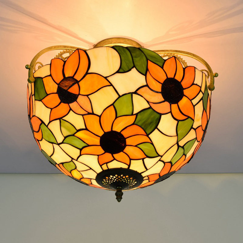 Elegant Mediterranean Cut Glass Rose Semi Flush Lighting - 3 - Light Beige/Pink/Orange Ceiling