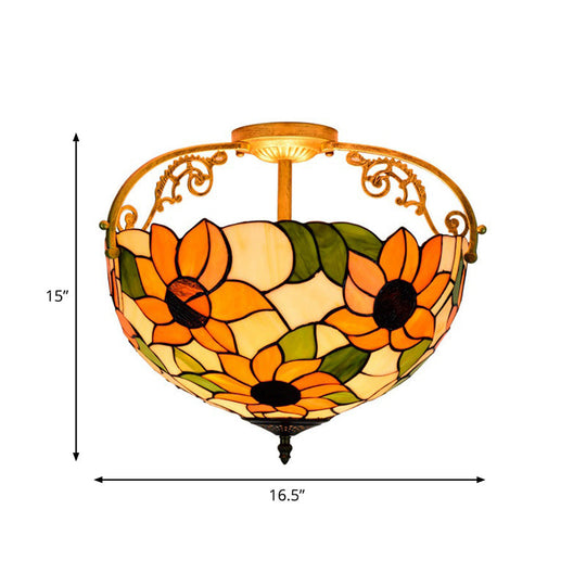 Elegant Mediterranean Cut Glass Rose Semi Flush Lighting - 3 - Light Beige/Pink/Orange Ceiling