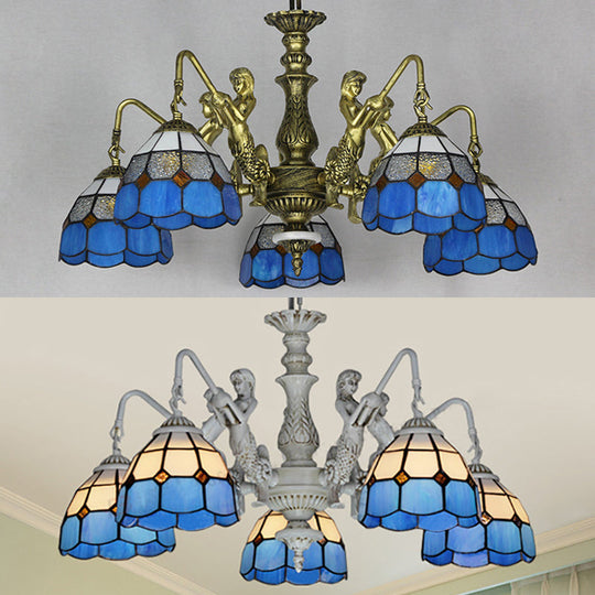 5-Light Tiffany Chandelier: Cut Glass Dome Pendant Lamp In White/Antique Brass With Mermaid Deco
