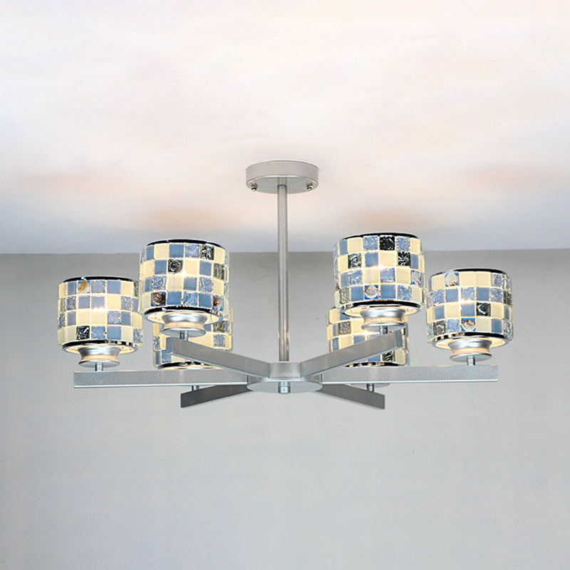 Blue/Yellow Glass Mosaic Ceiling Light With Chrome Finish - Modern 6-Light Hanging Chandelier