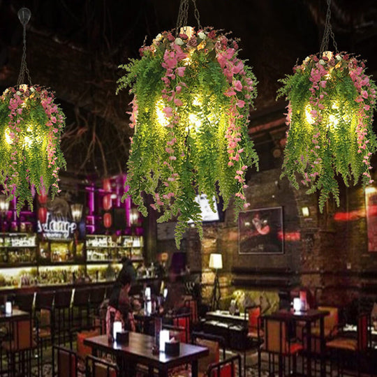 Industrial Metal Chandelier With 4 Green Head Plant Decorations - Hanging Pendant Light Fixture