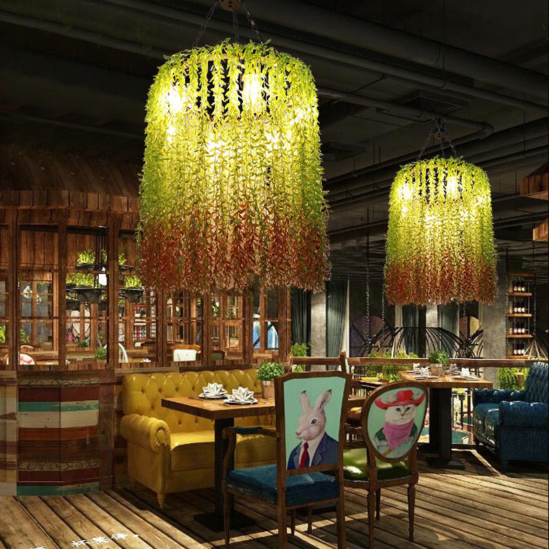 Cylinder Chandelier Lamp: 6 Heads Industrial Green Metal With Plant Decoration - Suspension Lighting