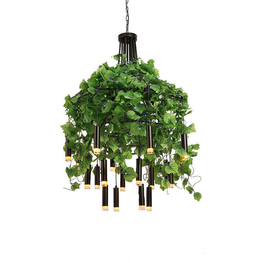 Modern Industrial Metal Chandelier Lamp - Wide Dome Design 22 Heads Hanging Light Kit With Plant
